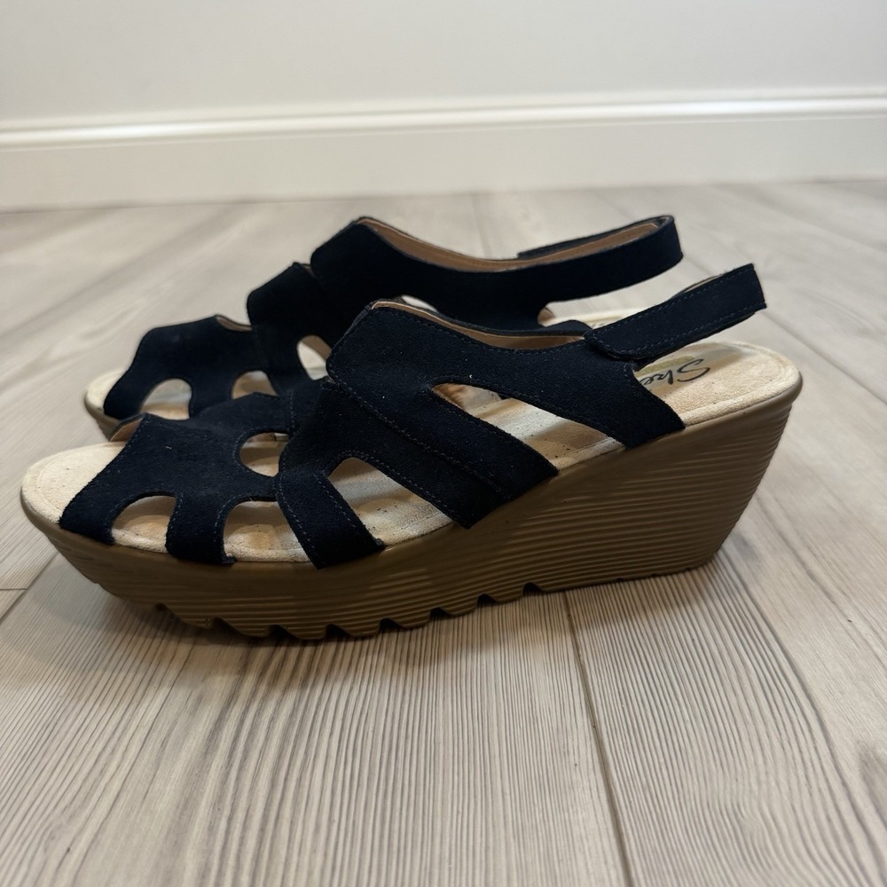 Skechers Parallel Stylin Wedge Sandals‎ Women's Size 9 Navy Blue Suede Slingback